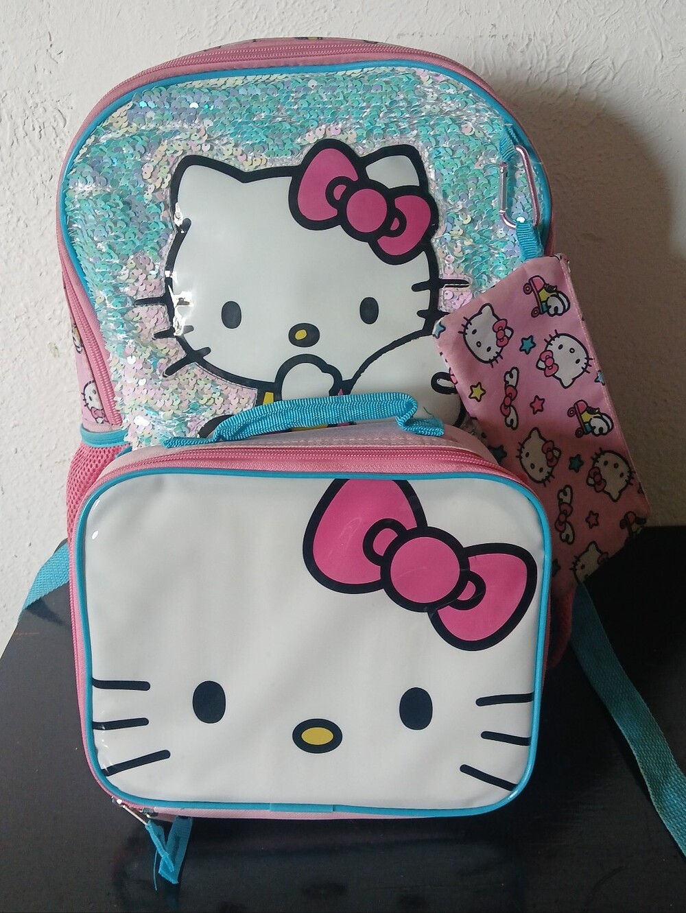 Hello Kitty Pink & Turquoise Kids Backpack with Lunch Bag & Pencil Bag